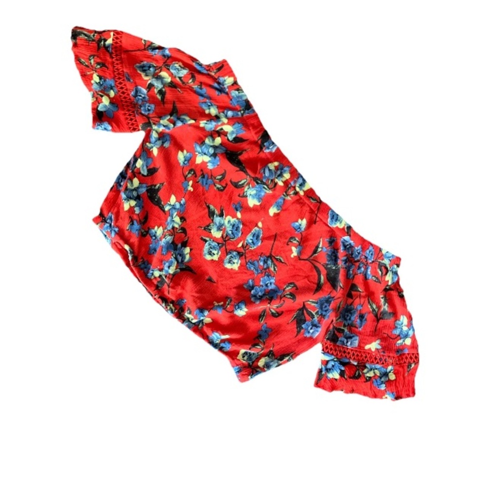 Bleuh Ciel Blouse Women’s Large Red Floral Off Shoulder Cropped Rayon Lace